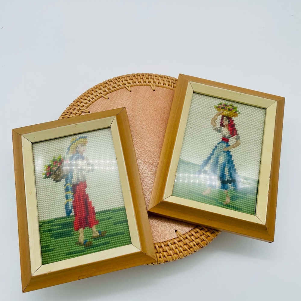 Vintage Needlepoint Art in Wooden Frames